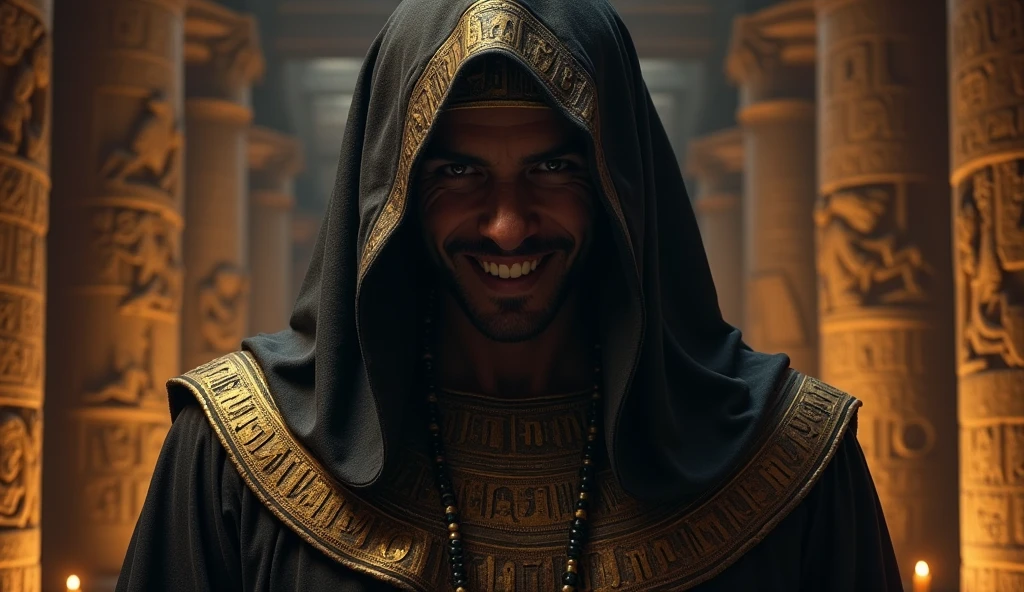 (oil painting) Close-up Egyptian priest in dark tunic and ornaments with shadowed face and evil smile