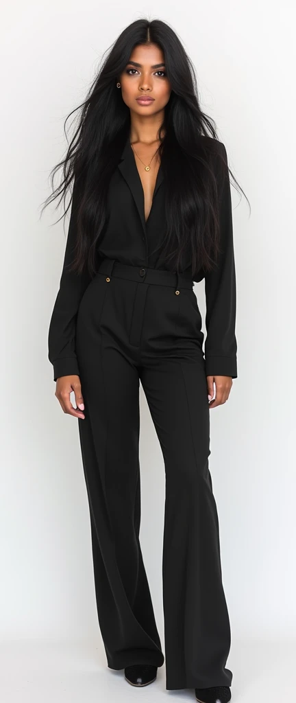 (Masterpiece: 1.2, Best Quality), Realistic, (Realistic Picture, Complex Details, Depth of Field), Best Quality, Masterpiece, Highly Detailed, Semi Realistic, Indian beautiful Girl, Mature Female, 21 Years Old, Black Hair, Black Eyes, round face, (((Full body shot))), wearing tight trouser, plain white background, cup shaped big breast, decently dressed, (looking at camera, front view shots)