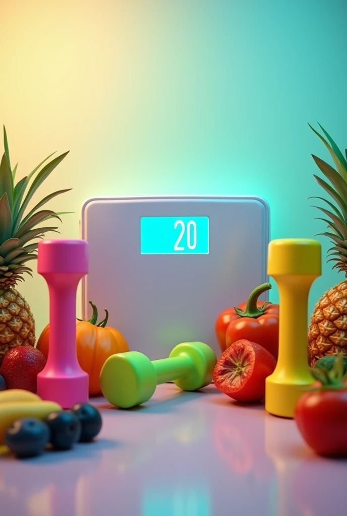 Instagram profile picture for weight loss with food, scale, and weights without a person