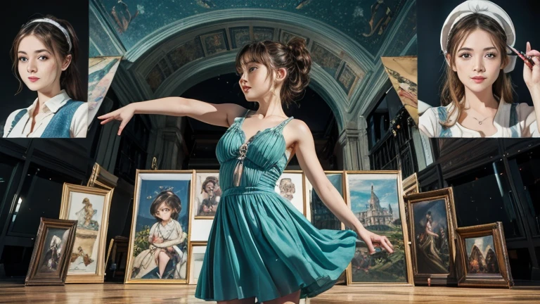 Animated girl discovering painting, sculpture, architecture, music, dance, Literature and cinema in a collage