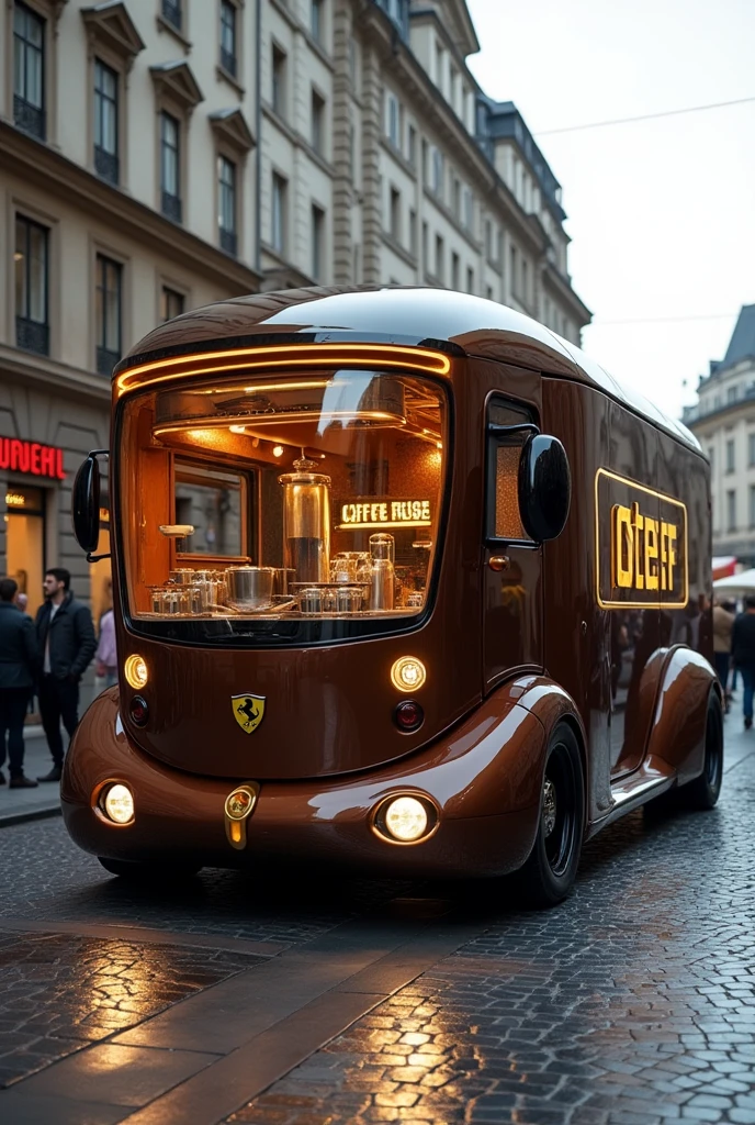 Make me a technological Ferrari truck, the latest model, big and beautiful, that sells coffee and has the name Steff Coffe and has colors related to a coffee shop