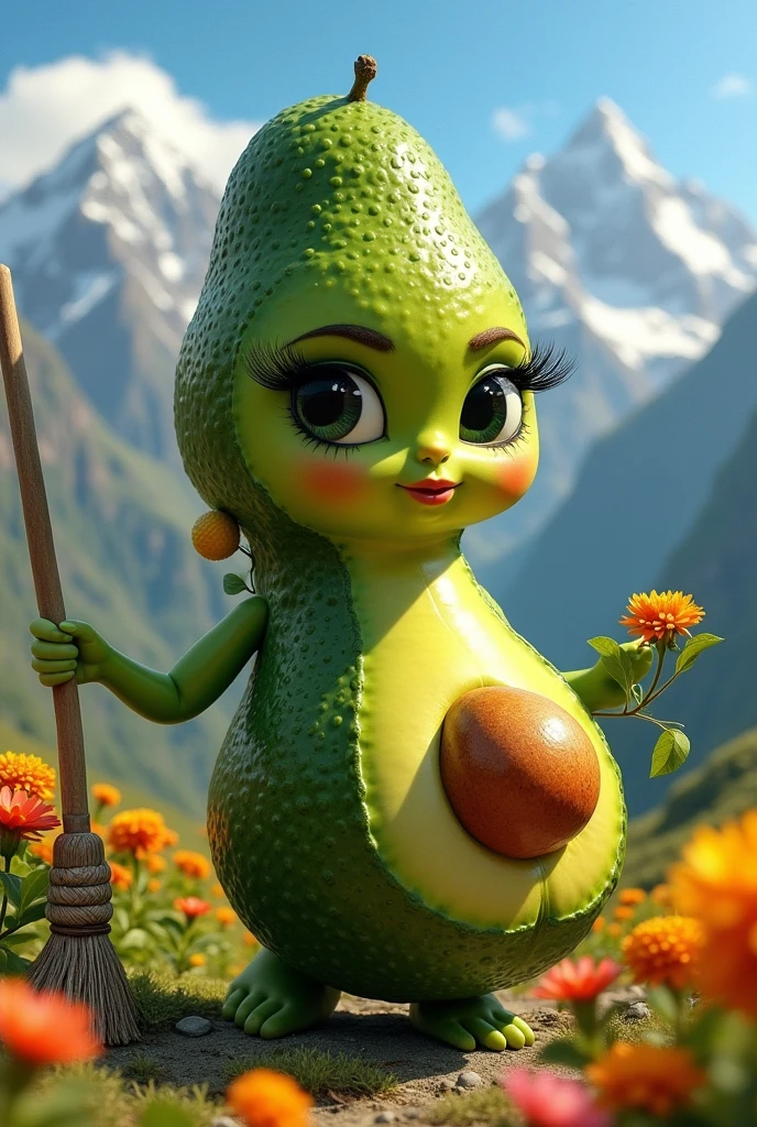 An avocado potaxie that moves, has eyes with long eyelashes, lush, seductive lips, long nails, a broom in her hand, the Andes in the background, and is an environmentalist.