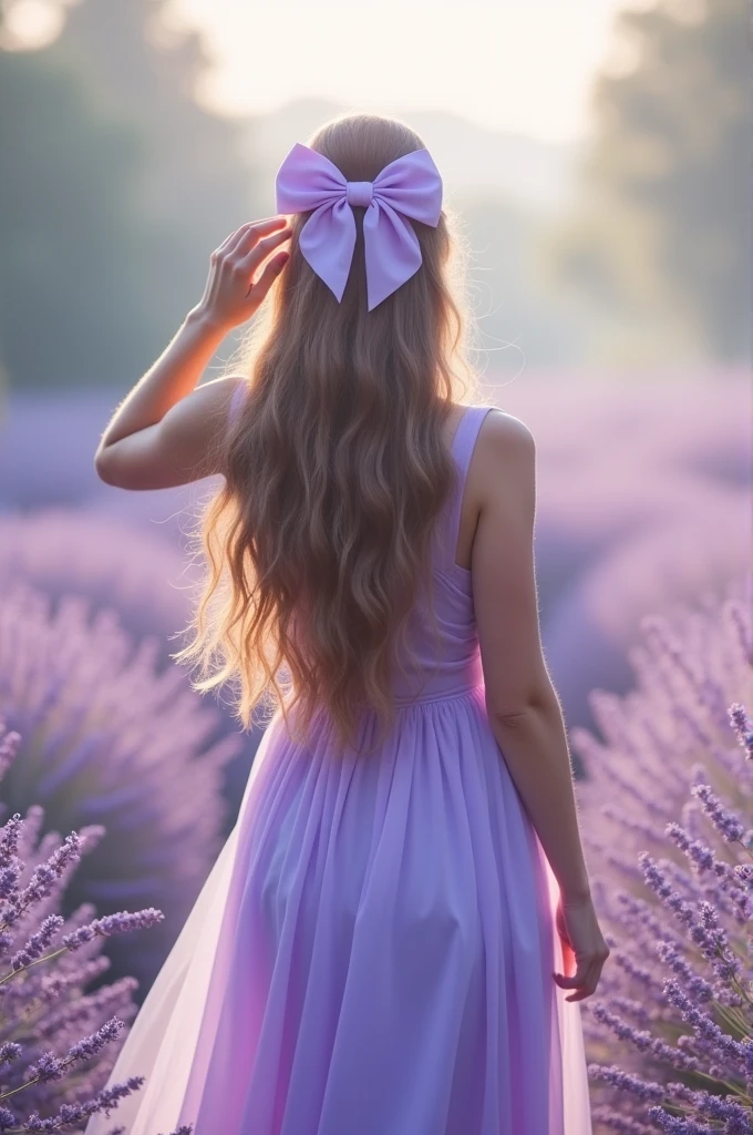 Woman with her back to the camera, long flowing hair, hands behind her back, putting a purple bow in the middle of her head, wearing a lilac dress.