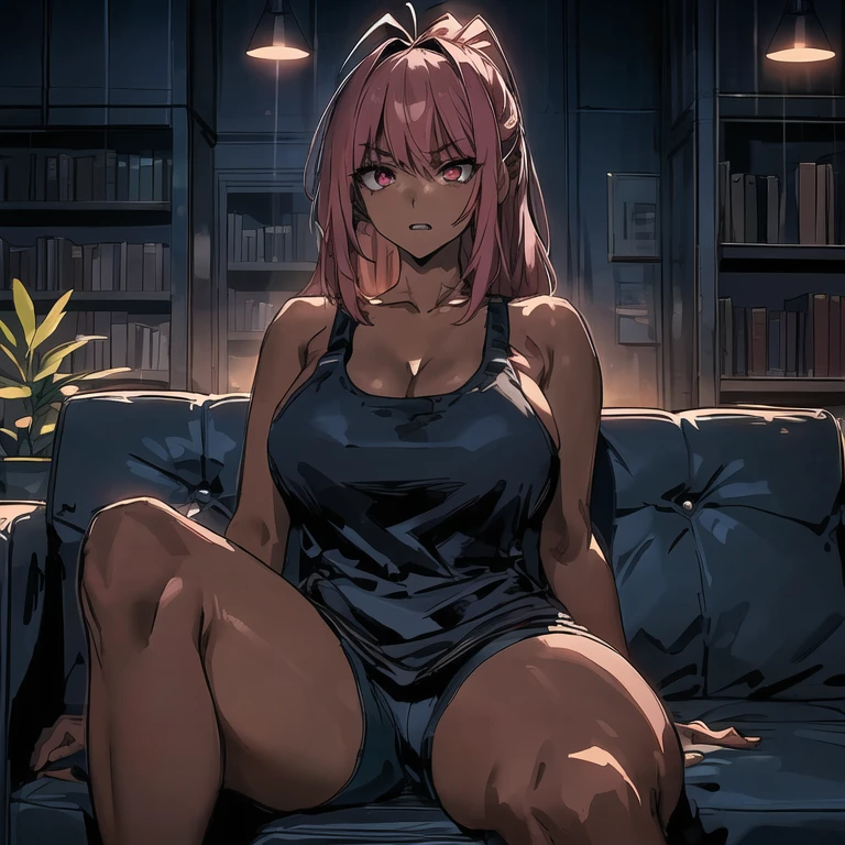 anime girl sitting in a sofa in a dark room, seductive anime girl, con hetecromia ,orange left eye and pink right eye, looking angrily, clenching teeth, Best Anime 4K Konachan Wallpaper, anime rudo 8K, manga wallpaper 4k, sitting on the couch, in a sofa, 4K anime style, 4k anime wallpaper, thick, sitting in a sofa, sitting on the couch, Moe anime art style, relaxing on the couch