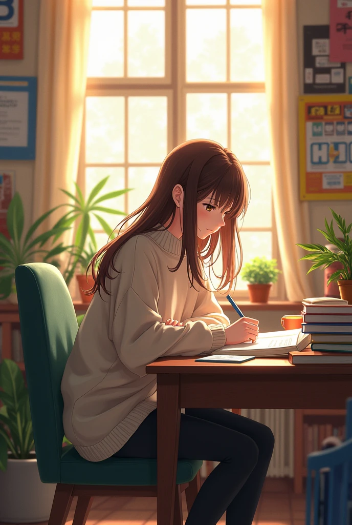 anime characters，Female university student，Room，gentle，medium long hair，Fluffy hair，brown hair，assistant，Shen Steady，Home，Casual wear，Thin hair，Anime characters