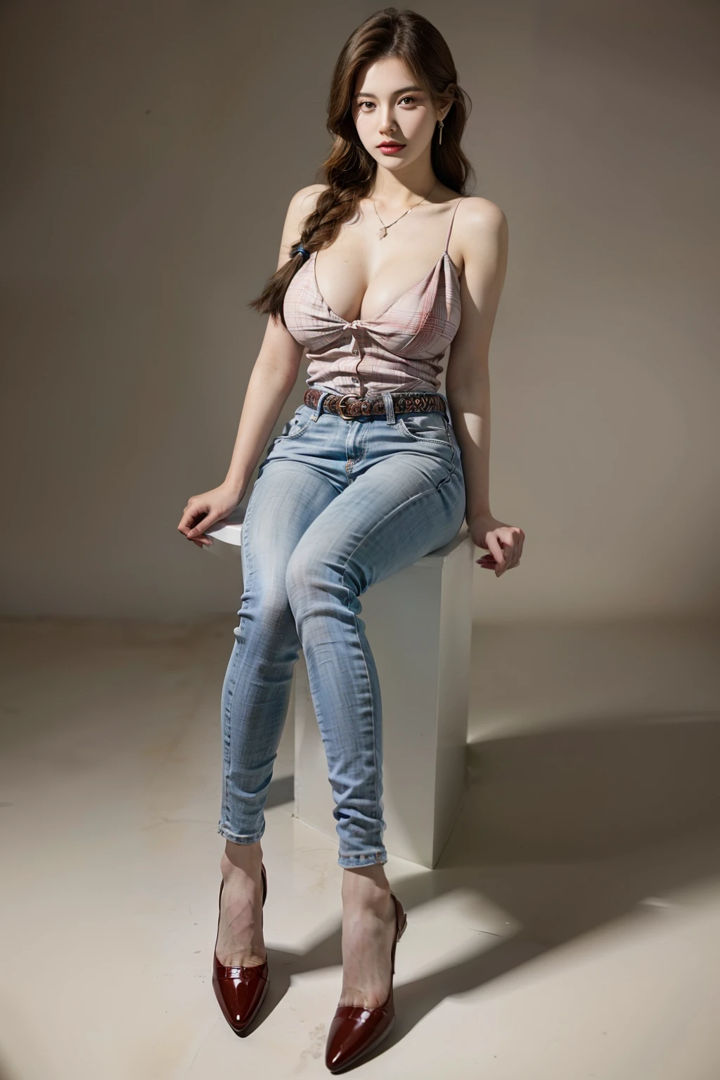 (RAW shooting, Photoreal:1.5, 8k, highest quality, masterpiece, ultra high resolution), perfect dynamic composition:1.2, Highly detailed skin and facial textures:1.2, 1girl:1, caucasian:1,Glamourous female, beautiful and aesthetic:1.2, sexy beauty, perfect style, belief, Strong-willed, revenge, Fair skin, very beautiful face, (large breast:1.4, Chest gap:1.4), (beautiful eyes, Eyes that feel beautiful eros:1.0), (Too erotic:0.9, Bewitching:0.9), (full body photo:2), (perfect limbs:1.2), (perfect fingers:1.2),(connie,earrings,necklace,perfect thigh,make up,red top:2, skinny jeans:2, sleeveless:1.4, shoes,single braid,brown hair,belt:2,stretching),(simple background:1),(((sitting))),