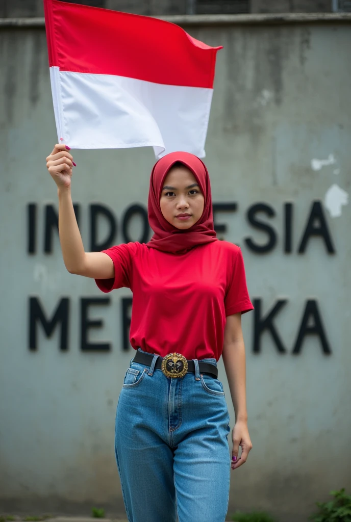 Beautiful indo women, hijab, red tsirt and long pants blue jeans,holding a white and red flag, and wall in the back with text "INDONESIA MERDEKA"79" and showing it to the viewer