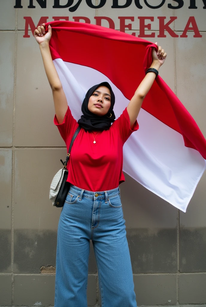 Beautiful indo women, hijab, red tsirt and long pants blue jeans,holding a white and red flag, and wall in the back with text "INDONESIA MERDEKA"79" and showing it to the viewer