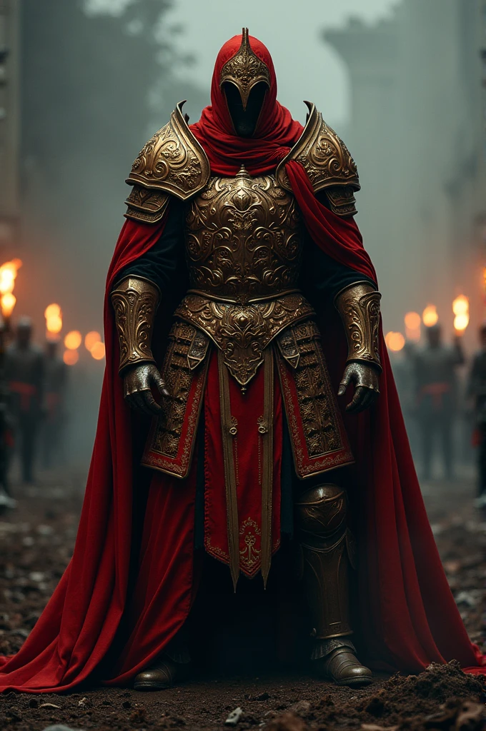 Warrior with scarlet armor and small golden details. Closed helmet that hides the face. Threatening Position 
