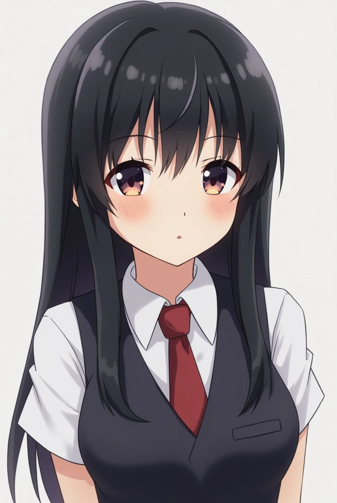 a anime girl wearing uniform, black hair, expressionless face