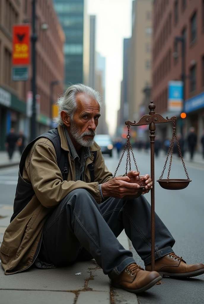 Homeless man with worn out clothes and sad expressions, holding the scales of justice made from trash materials