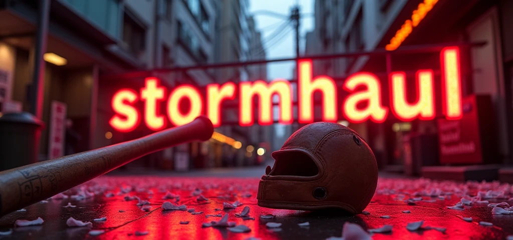 "stormhaul" écrit en néon en rouge et en avec une batte de baseball qui vient frapper le neon. avec un gant par terre dans un style japonais avec des fleurs de sakura