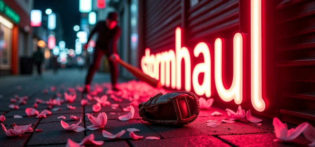 "stormhaul" écrit en néon en rouge et en noir avec une batte de baseball qui vient frapper le neon. avec un gant par terre dans un style japonais avec des fleurs de sakura