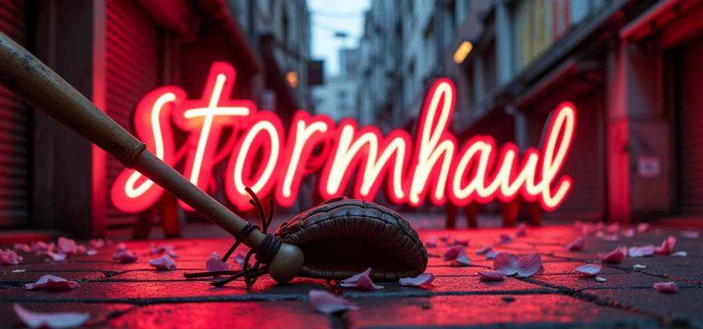 "stormhaul" écrit en néon en rouge et en noir avec une batte de baseball qui vient frapper le neon. avec un gant par terre dans un style japonais avec des fleurs de sakura