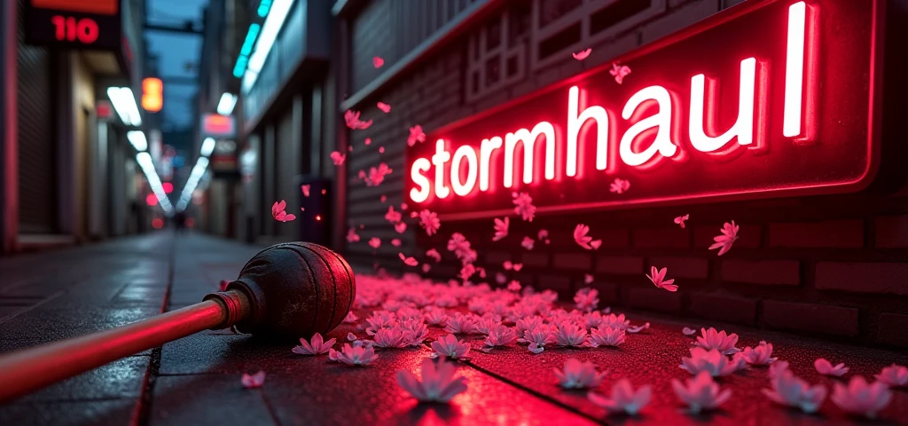 "stormhaul" écrit en néon en rouge et en noir avec une batte de baseball qui vient frapper le neon. avec un gant par terre dans un style japonais avec des fleurs de sakura