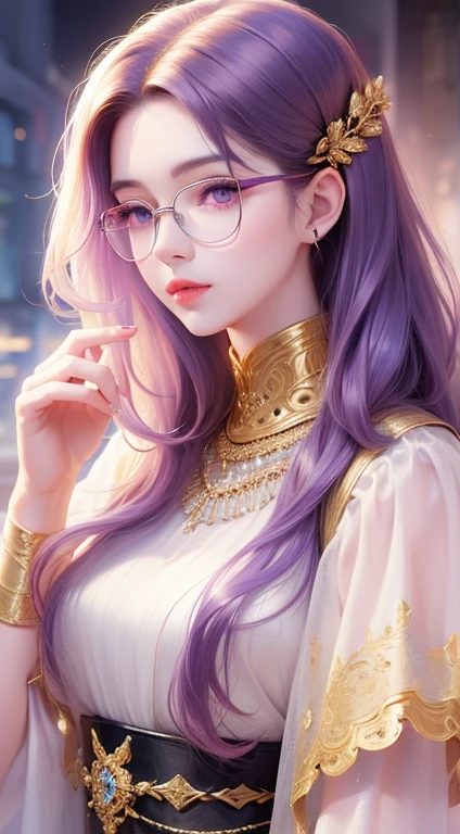 Wearing glasses，Gold frame round glasses, Wavy Hair、Long Hair、Long Hair、Soft Light,Sparkling eyes，Purple eyes、Captivating beauty、Attractive adult woman、Beautiful woman、Ultra-high resolution, Realistic,elegant,Grace Kelly,Elegance,actress,Beautiful Hair,Portrait facing the front、Golden Ratio,Highest quality,High resolution detail of human skin texture