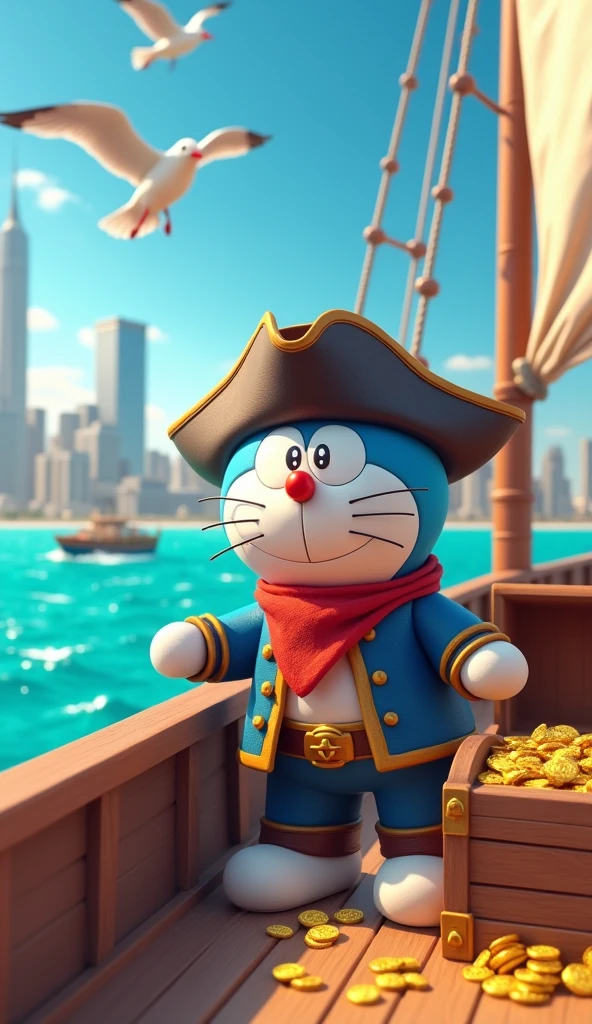 Image of Doraemon captain wearing pirate clothes on the sea on a ship. Doraemon cùng rương kho báo khung cảnh thành phố Hình ảnh 3d 4k sắt nét