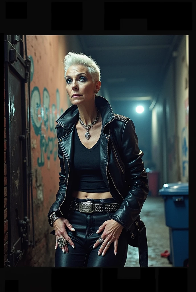 Old russian milf, platinum blonde hair in elvis" style pompadour,with very light blue eyes, pale, heavy eye shadow s. Wearing black moto jacket, cropped rock t-shirt, black leather jeans and white tennis sneakers. Bullet belt, lots of rings and studded bracelets , Very scared, trying to hide