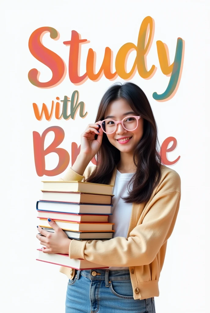 a 20 years old asian girl with light pink glasses, dark hair holding books with a phrase 'Study with Breeze' behind the girl, make the words visible on white background