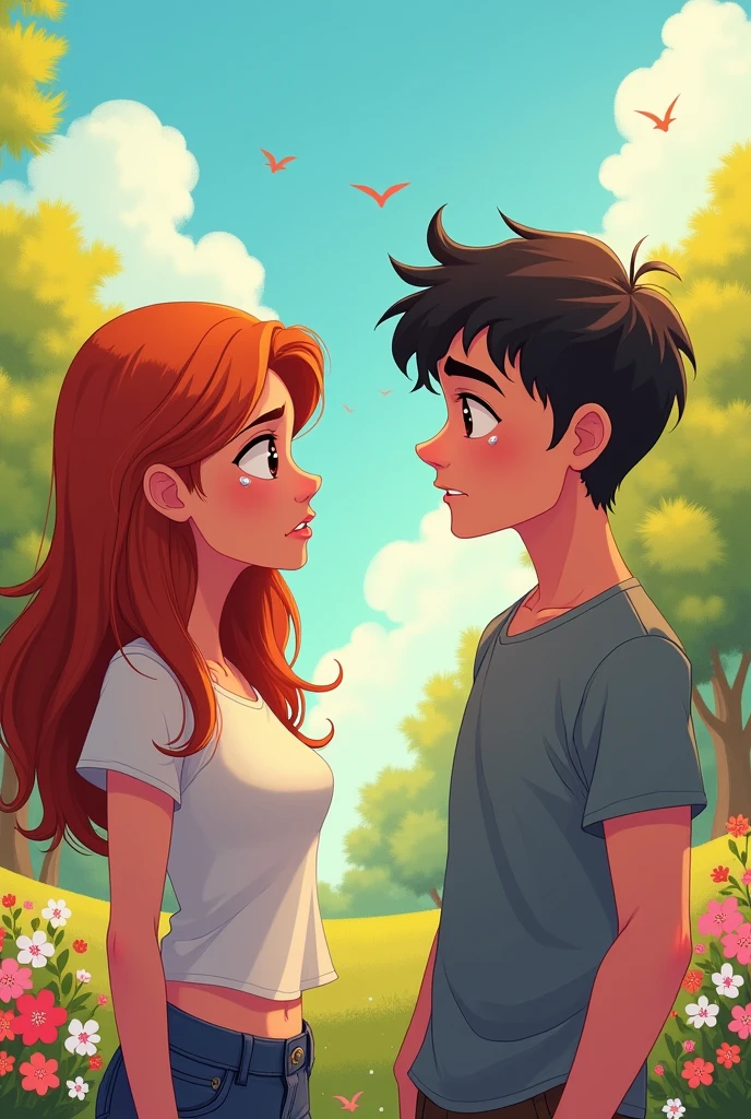 In digital pictures cartoon "Show a woman telling a heartbroken man that she loves someone else. The boy should look deeply hurt and disappointed. Also carrying sad man