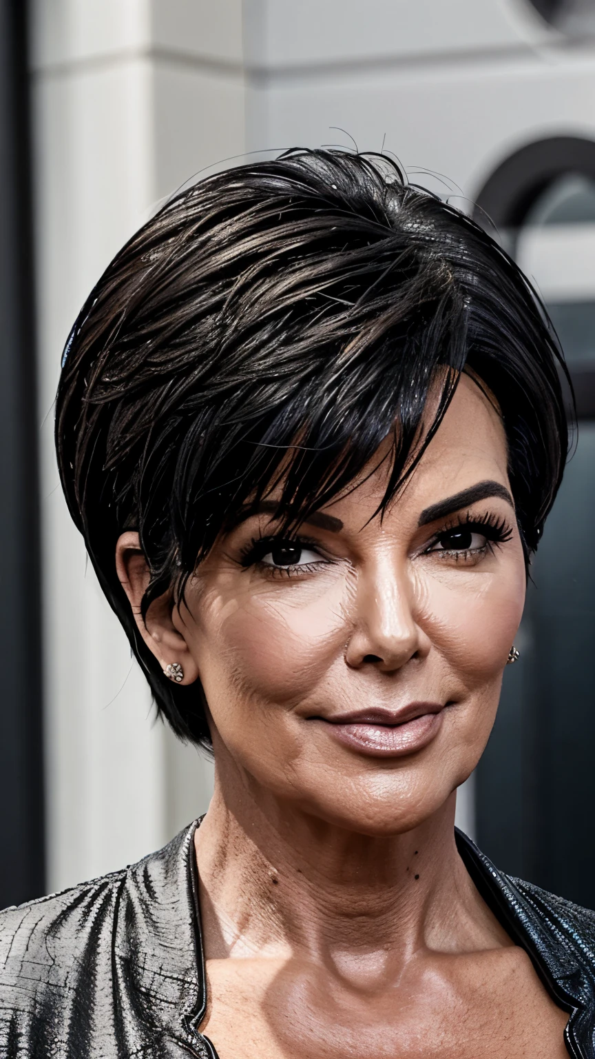 closeup of Kris Jenner's head and chest, wearing a low-cut blouse, dramatic lighting