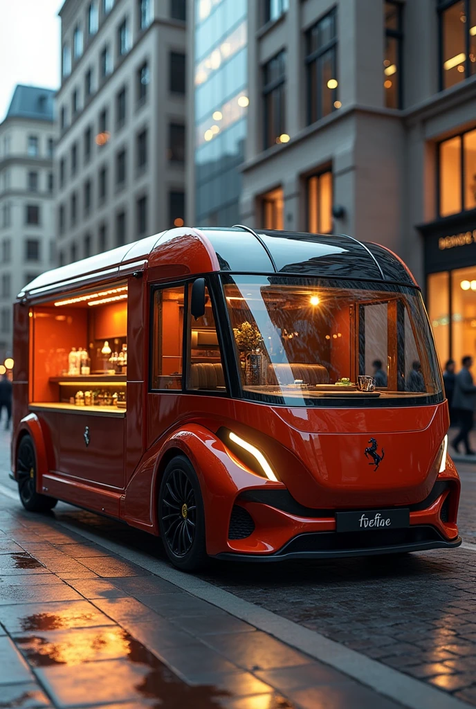 Make me a technological Ferrari truck, the latest model, big and beautiful, that sells coffee and has the name Steff Coffe and has colors related to a coffee shop 