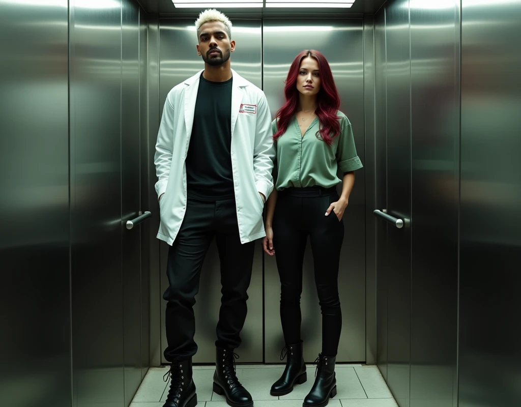 216 cm tall Arab man, platinum blond wavy swept-back crew cut, dark skin, long black stubble, white lab coat, black t-shirt, black cargo pants, black boots, standing in elevator beside 170 cm tall Caucasian woman with wary expression, vibrant maroon side-parted long wavy hair, soft green silk blouse, low-rise black pants, black boots, both looking forward, cinematic lighting.