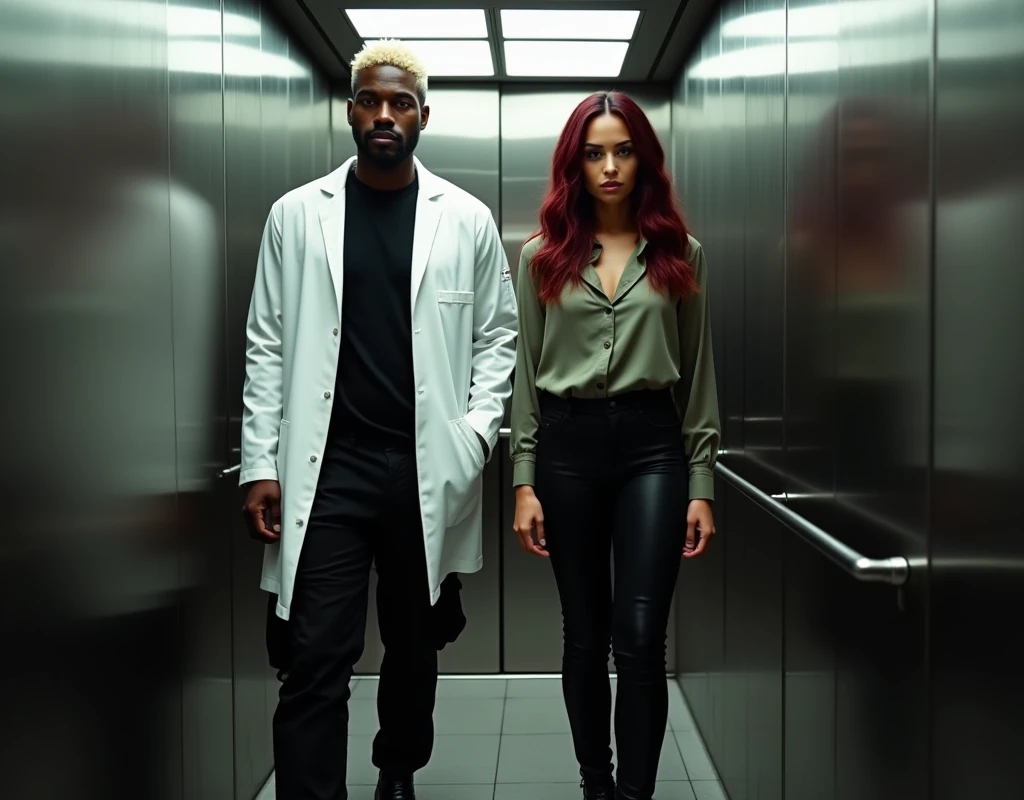 216 cm tall Arab man, platinum blond wavy swept-back crew cut, dark skin, long black stubble, white lab coat, black t-shirt, black cargo pants, black boots, standing in elevator beside 170 cm tall Caucasian woman with wary expression, vibrant maroon side-parted long wavy hair, soft green silk blouse, low-rise black pants, black boots, both looking forward, cinematic lighting.