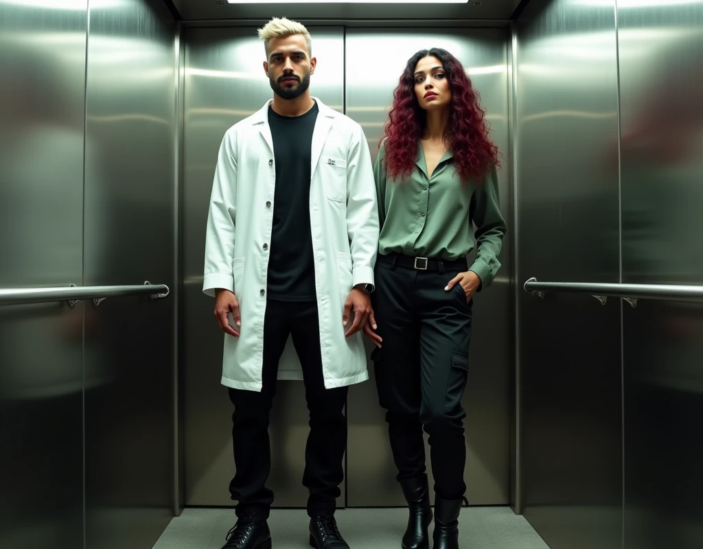 216 cm tall Arab man, platinum blond wavy swept-back crew cut, dark skin, long black stubble, white lab coat, black t-shirt, black cargo pants, black boots, standing in elevator beside 170 cm tall Caucasian woman with wary expression, vibrant maroon side-parted long wavy hair, soft green silk blouse, low-rise black pants, black boots, both looking forward, cinematic lighting.