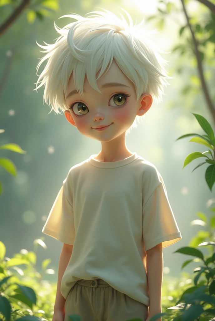 He has a striking and distinctive appearance. her hair is short and white, in a tone that contrasts sharply with his skin. His eyes are completely white, No visible irises or pupils, which gives him a deep and enigmatic gaze. Despite its unusual appearance, he has a curious expression and a gentle smile, conveying an aura of innocence and curiosity. His clothes are simple and comfortable, perhaps a t-shirt and pants in soft tones, complementing his ethereal look.