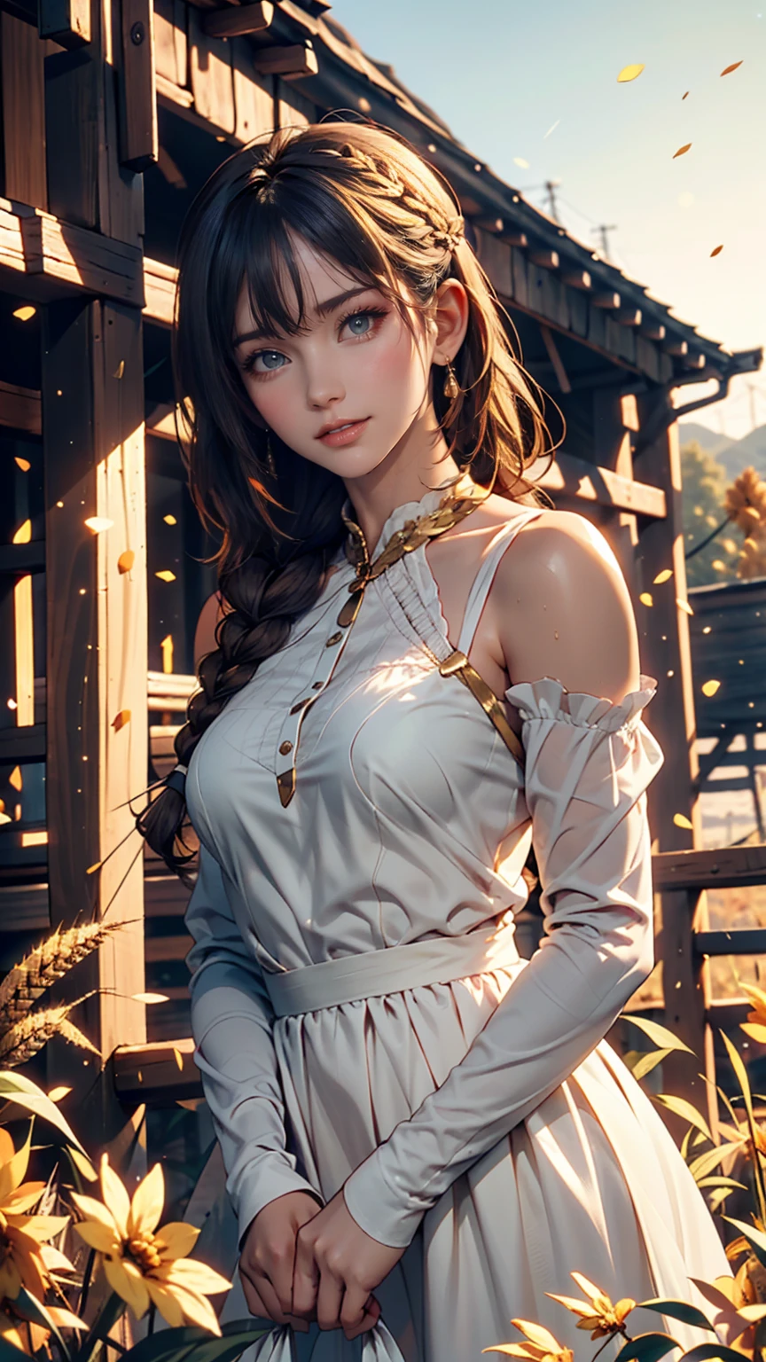 One person, 20-year-old, Tall and attractive, Wearing a cute country dress, Braided hair, Standing on a rural farm. She's gentle, A kind smile and expressive eyes. A charming barn can be seen in the background., Golden wheat fields and clear blue skies. The composition should be bathed in warm golden hour light., The soft depth of field and soft bokeh accentuate the idyllic tranquility.. Capture images that look like they were shot on vintage 35mm film for added impact, movie,