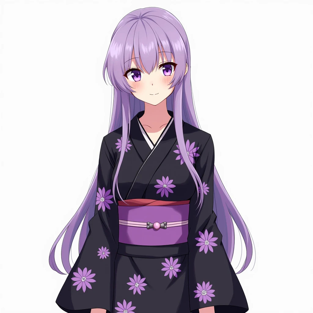 Draw a standing illustration of a woman with purple eyes and hair、Draw a full-body standing portrait of a woman with long hair, wearing a black kimono with violet flower patterns. She has a mole on her left cheek and sharp, slanted eyes.