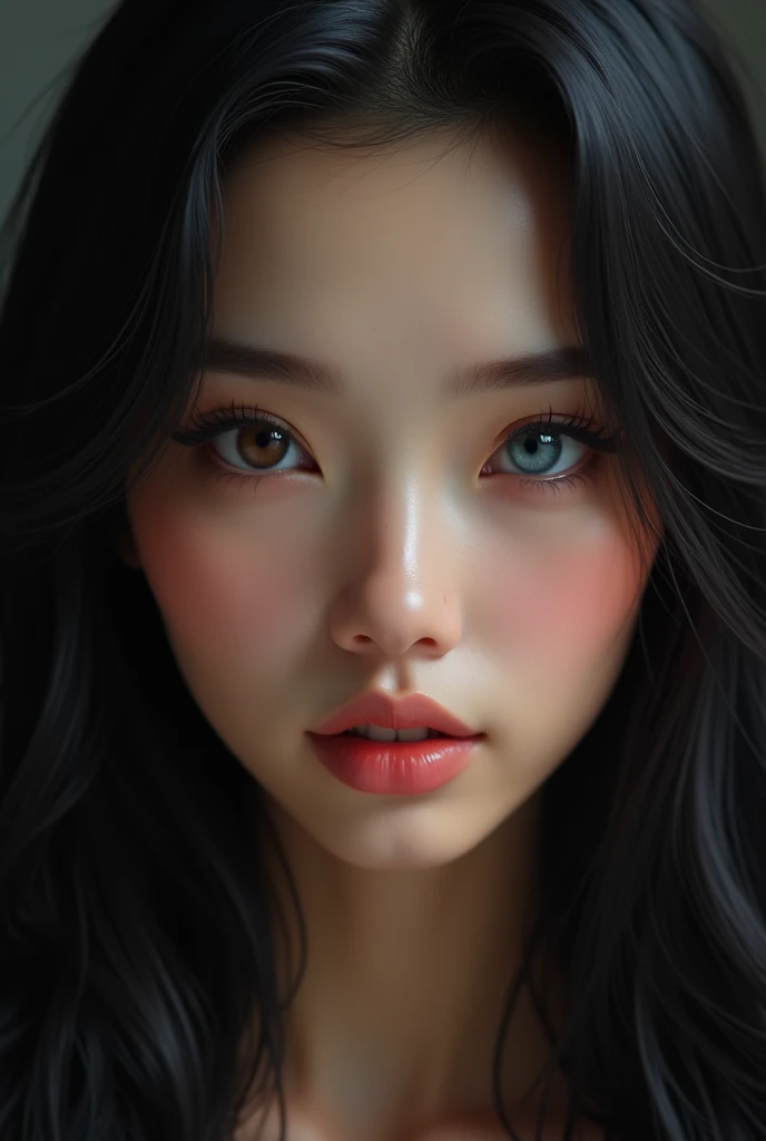 Gorgeous face, Thai woman, heterochromia, different colored eyes, One eye is blue, One eye is brown, pensive, black long hair, lush lips, hyperrealism, realistic face, 8k, textured leather, full length