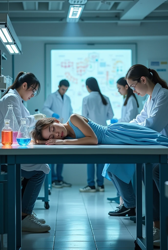 Une jeune ado accroché sur une table de laboratoire endormi en robe bleue avec des médecins qui font des expériences 