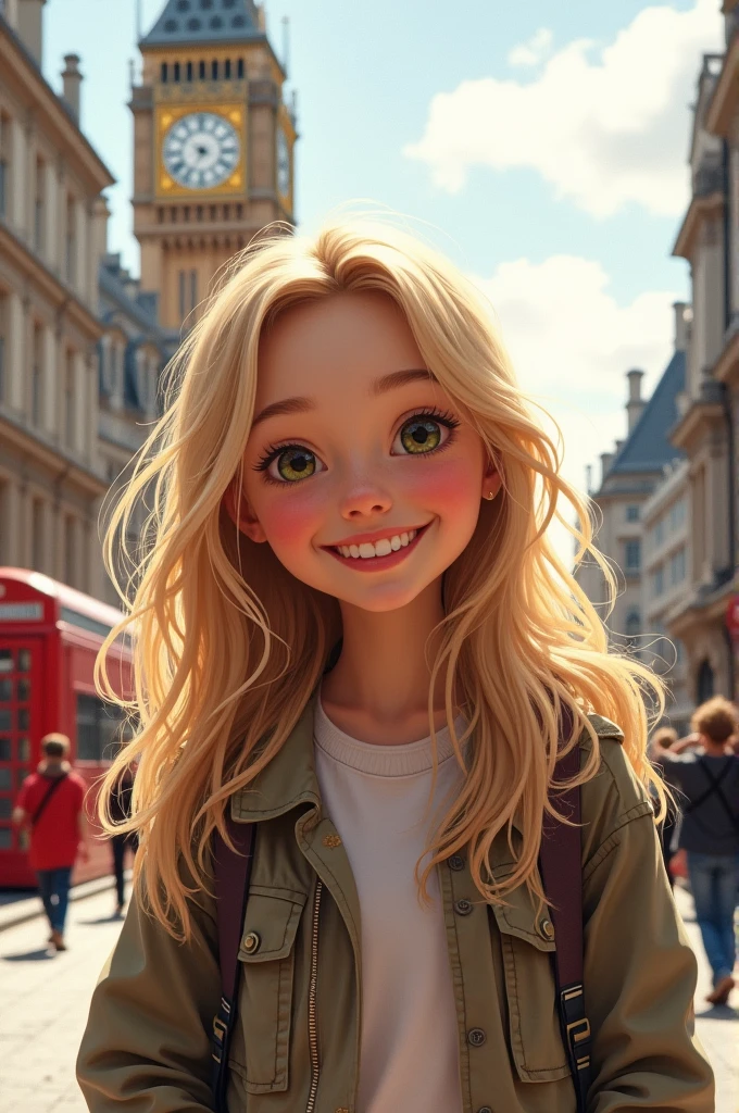 A girl with blonde hair from london that ia smiling and looks very realistic