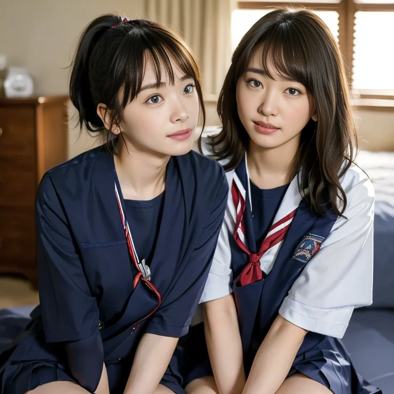 (Masterpiece, Best quality:1.4), (Ultra realistic, Photo-realistic:1.2), Natural light, 25 years old actress, Japanese women, Neat and clean, (school uniform, sailor suit, short sleeve suit:1.2), (traditional Japanese style with white and navy blue colors, detailed red ribbon and navy blue pleated skirt:1.1), (Ponytail:1.2), Short wavy hair, Light brown hair color, (Beautiful Faces), Oval face, clear, (Beautiful eyes, Kind eyes), (Clear skin), Small face, (Small mouth), (Beautiful mouth), Natural makeup, Approachable, Luxury hotel Suite room, On bed, Seductive smile, (Seductive pose:1.2), (Beautiful thighs:1.1), (Bedroom eyes), (nsfw:1.1), (lesbian couple:1.1), (petting together:1.2), obscene reality of girls, (crotch rub:1.1),
