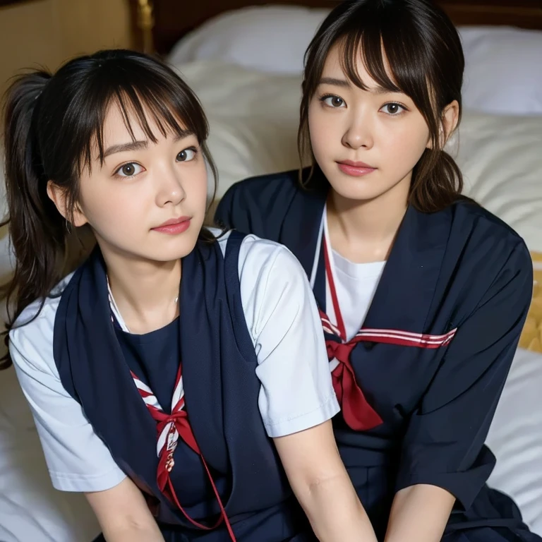 (Masterpiece, Best quality:1.4), (Ultra realistic, Photo-realistic:1.2), Natural light, 25 years old actress, Japanese women, Neat and clean, (school uniform, sailor suit, short sleeve suit:1.2), (traditional Japanese style with white and navy blue colors, detailed red ribbon and navy blue pleated skirt:1.1), (Ponytail:1.2), Short wavy hair, Light brown hair color, (Beautiful Faces), Oval face, clear, (Beautiful eyes, Kind eyes), (Clear skin), Small face, (Small mouth), (Beautiful mouth), Natural makeup, Approachable, Luxury hotel Suite room, On bed, Seductive smile, (Seductive pose:1.2), (Beautiful thighs:1.1), (Bedroom eyes), (nsfw:1.1), (lesbian couple:1.1), (petting together:1.2), obscene reality of girls, (crotch rub:1.1),