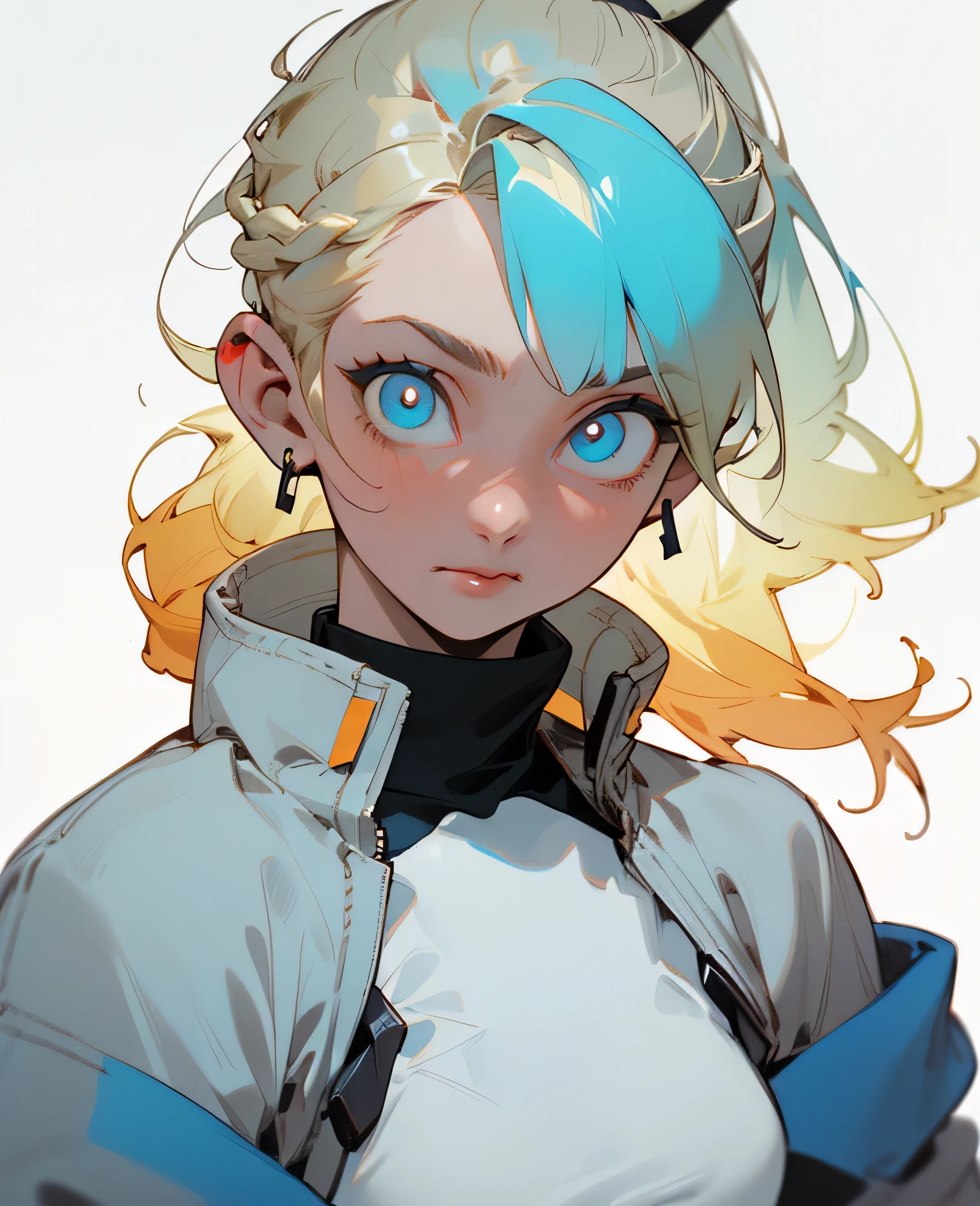 Pop Color,fluorescence Navy Blue Hair、blue eyes、(Eye focus:1.3,Face Focus:1.3,Upper Body:1.5),(Gradient Eye:1.3),(whole body,blonde)long blonde hair,High knot ponytail, Long-sleeved jacket,White top,Elbow-length gloves、Long Hard Boots,whole body,