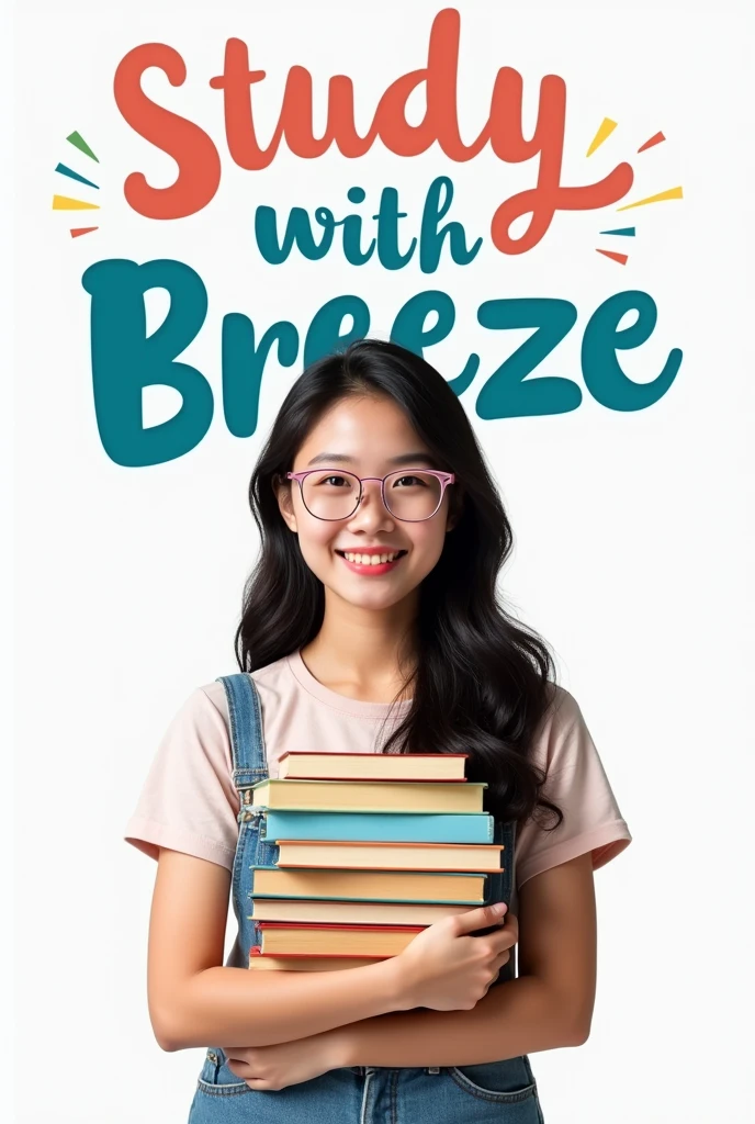 a 20 years old asian girl with light pink glasses, dark hair holding books with a phrase 'Study with Breeze' behind the girl, make the words visible on white background