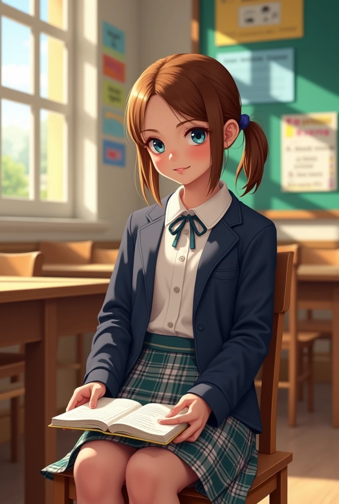 13 year old girl in school uniform sitting on a chair 