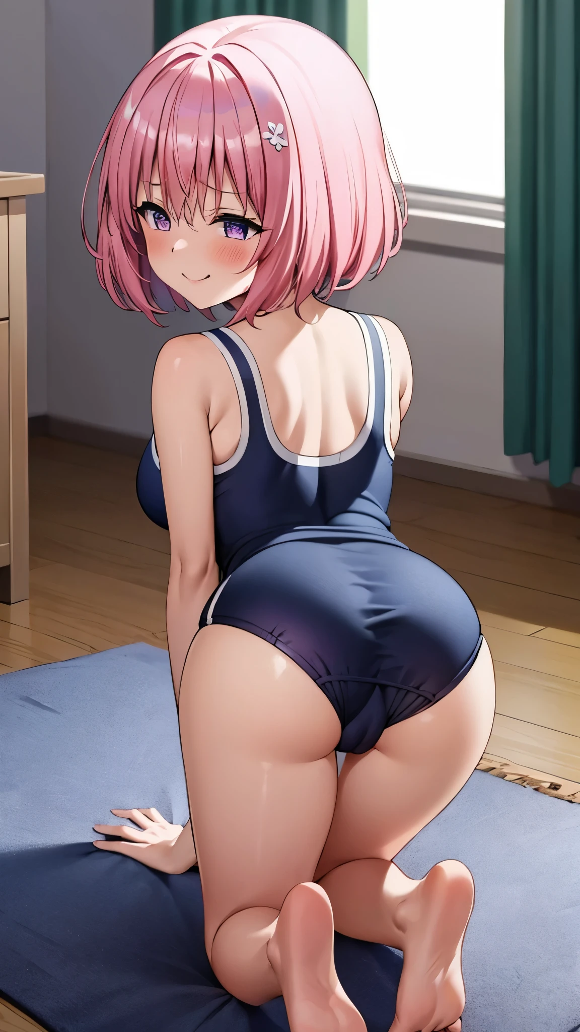 8k,Highest,quality,(highest quality:1.1), (masterpiece:1.4), (Confused:1.0), 
1 person, Deviluke Type, hair ornaments, Bobcut, Short Hair Pink Hair, Purple eyes, Large Breasts,(School Swimsuit), Her Room, (blush:1.2), smile,（Perfect Fingers）,ass pov,Heavy breathing,((Ass Focus)),(((On all fours))),Turn your back,mesugaki,Pussy Line,
