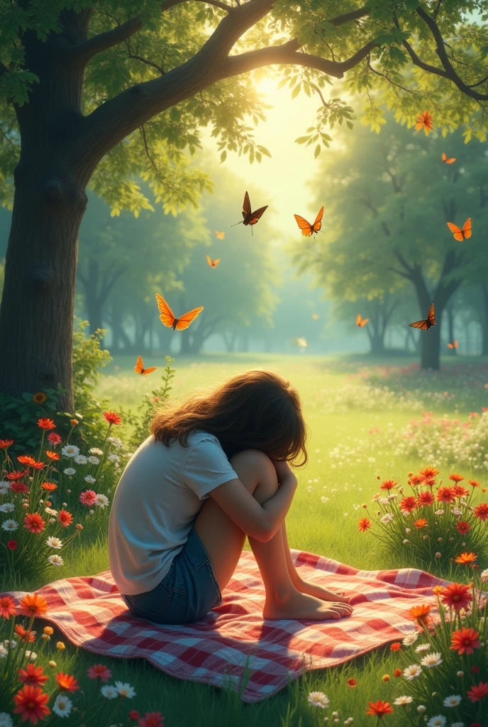 Create an image that represents depression, a person in a bright and cheerful place but where he sits curled up between his legs is dark and sad