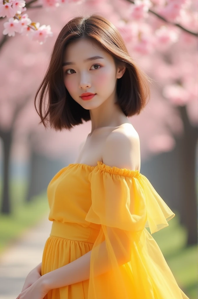 A pale skinned chinese girl, full body, slender, , brown bob with fringe, thin red lips, mole under left brow, a yellow off-the-shoulder dress, small chest