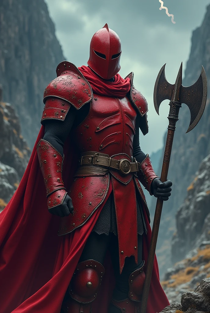 Warrior with scarlet armor. Small golden details on the armor. Closed helmet that hides the face. Threatening Position. A double axe in hand.