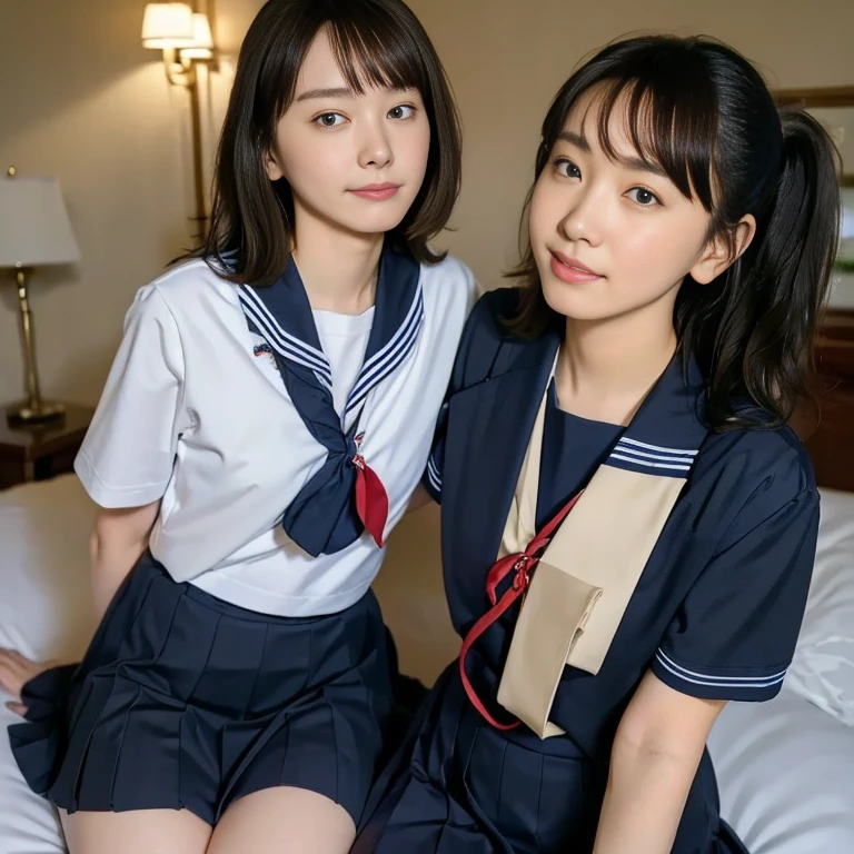 (Masterpiece, Best quality:1.4), (Ultra realistic, Photo-realistic:1.2), Natural light, 25 years old actress, Japanese women, Neat and clean, (school uniform, sailor suit, short sleeve suit, traditional Japanese style with white and navy blue colors, detailed red ribbon and navy blue pleated skirt:1.2), (Ponytail:1.2), Short wavy hair, Light brown hair color, (Beautiful Faces), Oval face, clear, (Beautiful eyes, Kind eyes), (Clear skin), Small face, (Small mouth), (Beautiful mouth), Natural makeup, Approachable, Luxury hotel Suite room, On bed, Seductive smile, (Seductive pose:1.2), (Beautiful thighs:1.1), (Bedroom eyes), (nsfw:1.1), (lesbian couple:1.1), (petting together:1.2), obscene reality of girls, (crotch rub:1.1),