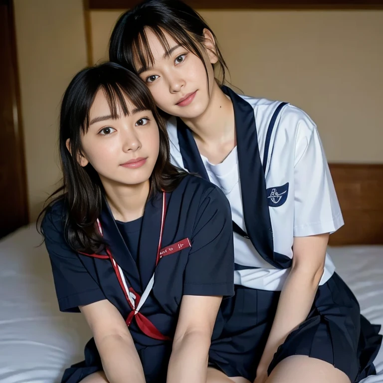 (Masterpiece, Best quality:1.4), (Ultra realistic, Photo-realistic:1.2), Natural light, 25 years old actress, Japanese women, Neat and clean, (school uniform, sailor suit, short sleeve suit, traditional Japanese style with white and navy blue colors, detailed red ribbon and navy blue pleated skirt:1.2), (Ponytail:1.2), Short wavy hair, Light brown hair color, (Beautiful Faces), Oval face, clear, (Beautiful eyes, Kind eyes), (Clear skin), Small face, (Small mouth), (Beautiful mouth), Natural makeup, Approachable, Luxury hotel Suite room, On bed, Seductive smile, (Seductive pose:1.2), (Beautiful thighs:1.1), (Bedroom eyes), (nsfw:1.1), (lesbian couple:1.1), (petting together:1.2), obscene reality of girls, (crotch rub:1.1),