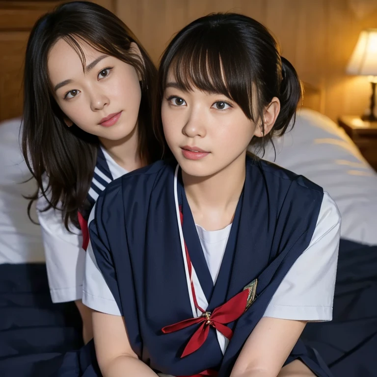 (Masterpiece, Best quality:1.4), (Ultra realistic, Photo-realistic:1.2), Natural light, 25 years old actress, Japanese women, Neat and clean, (school uniform, sailor suit, short sleeve suit, traditional Japanese style with white and navy blue colors, detailed red ribbon and navy blue pleated skirt:1.2), (Ponytail:1.2), Short wavy hair, Light brown hair color, (Beautiful Faces), Oval face, clear, (Beautiful eyes, Kind eyes), (Clear skin), Small face, (Small mouth), (Beautiful mouth), Natural makeup, Approachable, Luxury hotel Suite room, On bed, Seductive smile, (Seductive pose:1.2), (Beautiful thighs:1.1), (Bedroom eyes), (nsfw:1.1), (lesbian couple:1.1), (petting together:1.2), obscene reality of girls, (crotch rub:1.1),