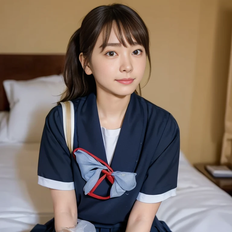 (Masterpiece, Best quality:1.4), (Ultra realistic, Photo-realistic:1.2), Natural light, 25 years old actress, Japanese women, Neat and clean, (school uniform, sailor suit, short sleeve suit, traditional Japanese style with white and navy blue colors, detailed red ribbon and navy blue pleated skirt:1.2), (Ponytail:1.2), Short wavy hair, Light brown hair color, (Beautiful Faces), Oval face, clear, (Beautiful eyes, Kind eyes), (Clear skin), Small face, (Small mouth), (Beautiful mouth), Natural makeup, Approachable, Luxury hotel Suite room, On bed, Seductive smile, (Seductive pose:1.2), (Beautiful thighs:1.1), (Bedroom eyes), (nsfw:1.1), (lesbian couple:1.1), (petting together:1.2), obscene reality of girls, (crotch rub:1.1),