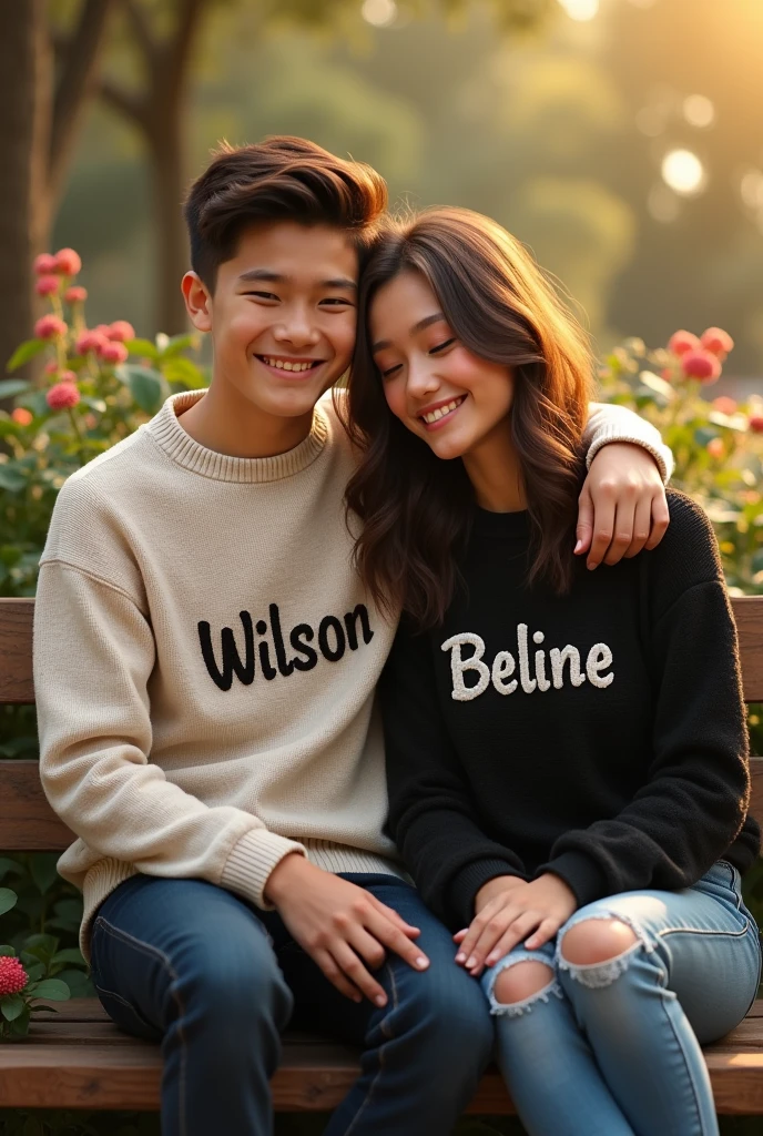 (photorealism:1.2), beautiful couple of boy wear a jumper with Wilson on his jumper seats with beautiful girl wear black jumper with name Beline on her jumper