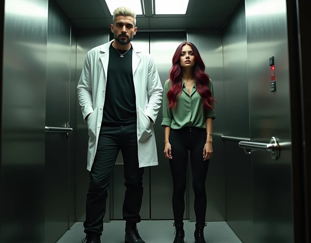 216 cm tall Arab man, platinum blond wavy swept-back crew cut, dark skin, long black stubble, white lab coat, black t-shirt, black cargo pants, black boots, standing in elevator beside shorter 170 cm tall Caucasian woman with wary expression, vibrant maroon side-parted long wavy hair, soft green silk blouse, low-rise black pants, black boots, both looking forward, cinematic lighting.